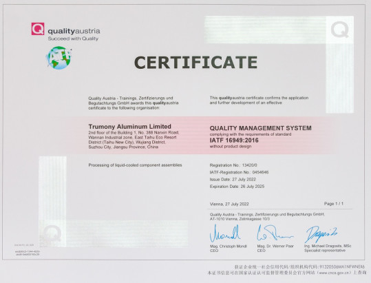 La CINA Trumony Aluminum Limited Certificazioni